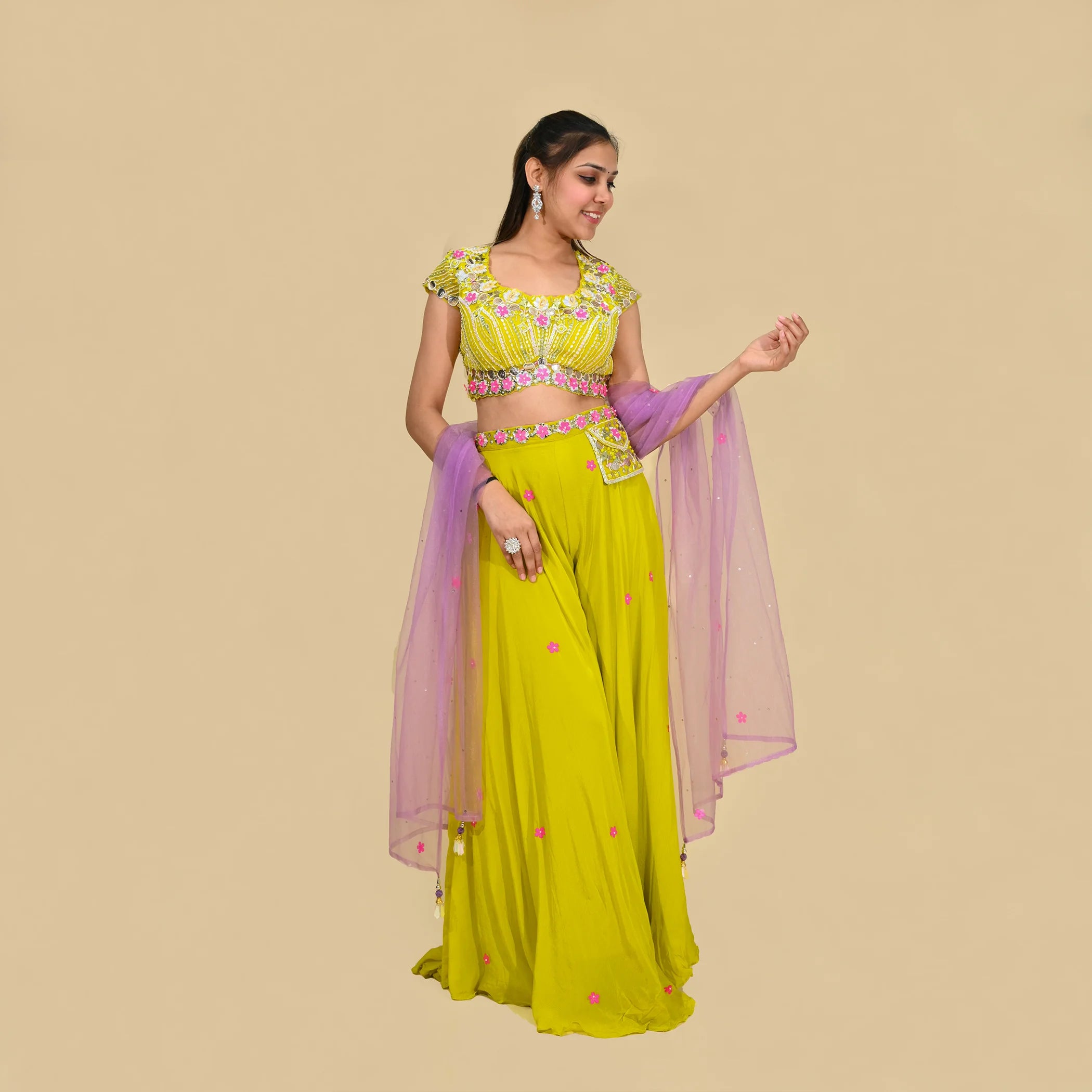 Green crop top with tiered sharara set - - set of two by Gulaal | The  Secret Label
